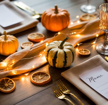 a table with a place setting for a thanksgiving dinner