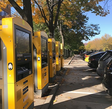 a row of parking meters with parking meters on each side of them