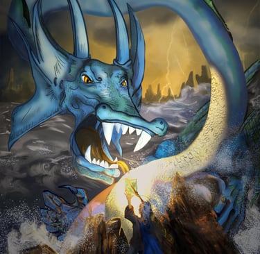 Salty Water Dragon roaring at wizard