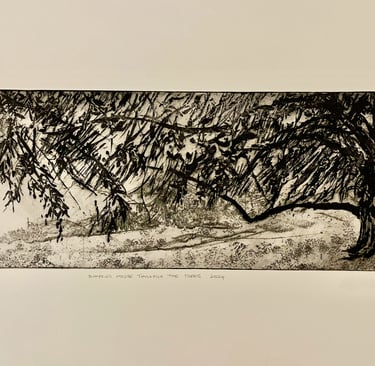 Dumfries House through the trees etching
