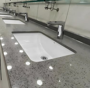 Quartz vanity worktops by RH Stone Surfaces, installed for trade projects in the North East