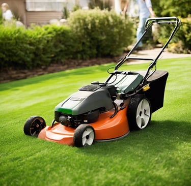 green and black lawnmower on green grass