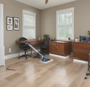 A tiled floor with visible dirt and cleaning solution being cleaned by a circular floor cleaning machine. The tiles are light brown with noticeable dirt in the grout lines. The cleaning machine has a blue and black circular head connected to a metal handle and hose.