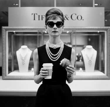 Mujer elegante con vestido negro y lentes cat-eye oversized frente a joyería, estilo Audrey Hepburn 