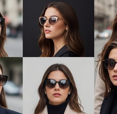 Collage de mujer usando lentes cat-eye en diferentes situaciones