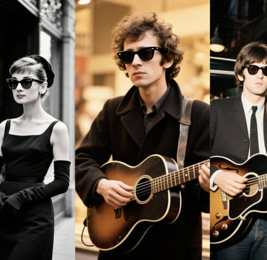 Collage con Audrey Hepburn, Bob Dylan y The Beatles usando Wayfarer, íconos 