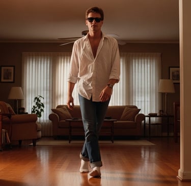 Escena inspirada en Tom Cruise en Risky Business, con camisa blanca y gafas Wayfarer, 