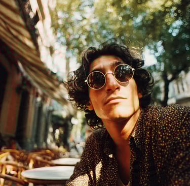 Café literario en Barrio Lastarria Santiago de Chile con persona usando lentes redondos 