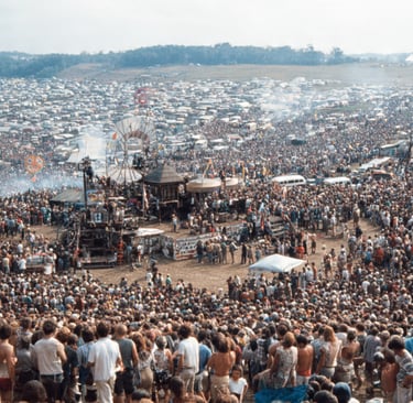 Vista atmosférica del festival de Woodstock 1969 
