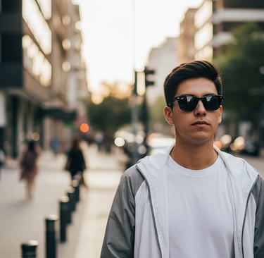 persona con estilo moderno caminando por una calle urbana de Santiago, usando Wayfarer clásicos