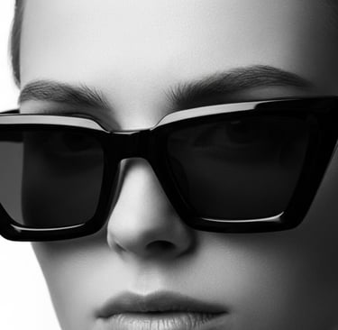 Close-up artístico de lentes cat-eye premium con rostro parcialmente visible, iluminación dramática