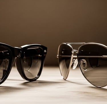 Comparación entre unas gafas Wayfarer de acetato y unas metálicas tipo Aviator, mostrando el contras