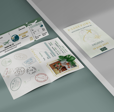 Création de faire part pour un Baptême: thème voyage autour des iles 