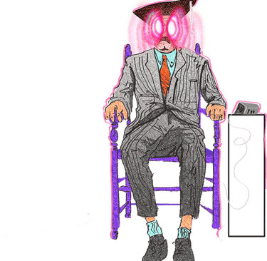 The LIMC Guy wearing a grey suit, a graduation hat and sits on a chair with pink glowing eyes