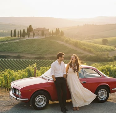 A couple leaning against a 1974 Alfa Romeo laughing
