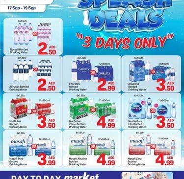 Day to Day Splash Deals promotional flyer featuring discounted products including bottled water
