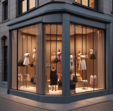A fashion window display features an elegantly dressed mannequin seated amidst a luxurious setup. The mannequin wears a detailed lace dress and jewelry, surrounded by a variety of high-end handbags, accessories, and decorative elements. The setting conveys opulence with a vintage-styled chair, ornate shelving, and a warm color palette.