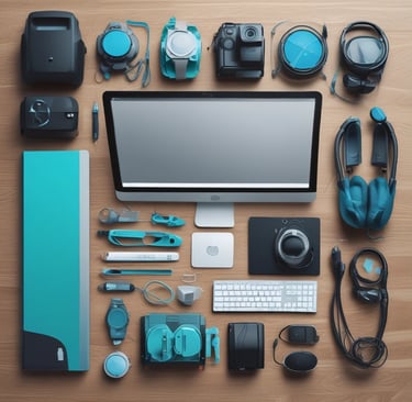 A collection of various electronic gadgets displayed on a wooden table.