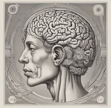 a drawing of a human head with a brain map of the brain