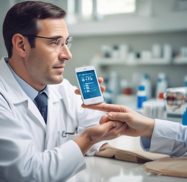 a man in a lab coat holding a cell phone