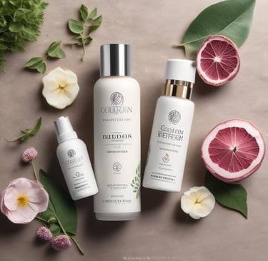 a group of skin care products including a grapefruit, and grapefruit