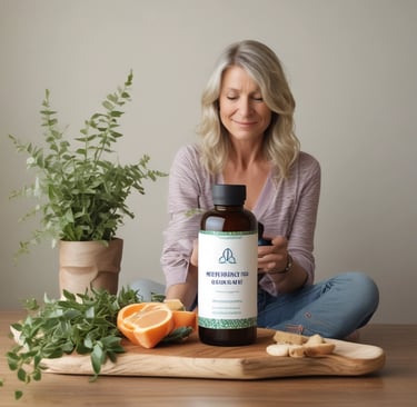 a woman sitting on a cutting board with a bottle of orange juice