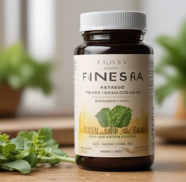 a bottle of fine food product with a plant in the background