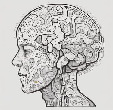 a drawing of a human head with a brain map of the brain