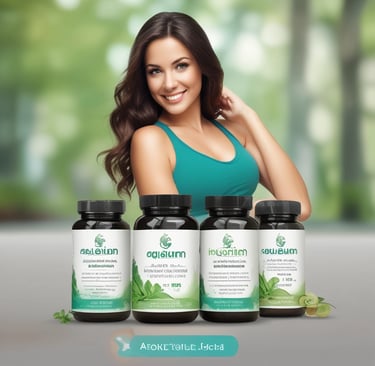 a woman with a green leafy plant in front of a green background