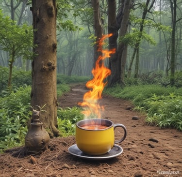 a cup of tea with a fire in the middle of the picture