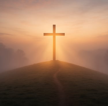 Cruz iluminada pela luz do amanhecer, simbolizando o perdão e a reconciliação em Cristo.