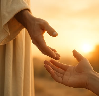 Luz suave iluminando mãos estendidas em gesto de compaixão, simbolizando a bondade de Cristo no mund