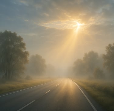 Luz suave iluminando uma estrada em meio à névoa, simbolizando a presença fiel de Deus que dissipa o