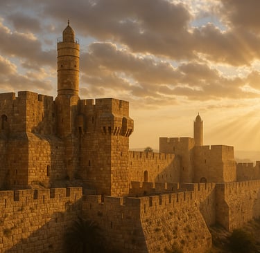 Luz dourada sobre antiga fortaleza em Jerusalém, representando a vitória de Deus sobre o impossível.