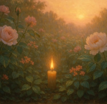 Chama suave em meio a um jardim ao amanhecer, simbolizando o amor que é cultivado em Cristo.