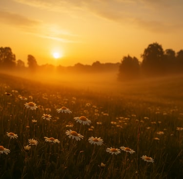 Campo de margaridas sob a luz dourada do amanhecer, simbolizando a graça de Deus que renova e traz e
