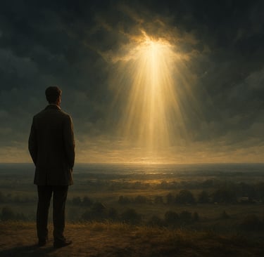 Céu dramático ao entardecer com nuvens densas e um feixe intenso de luz dourada descendo do alto, il