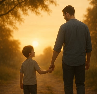 Pai e filho caminhando sob luz suave ao entardecer, simbolizando o ensino dos caminhos do Senhor com