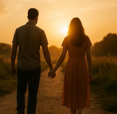 Casal caminhando de mãos dadas ao pôr do sol, simbolizando a união em amor e propósito diante de Deu