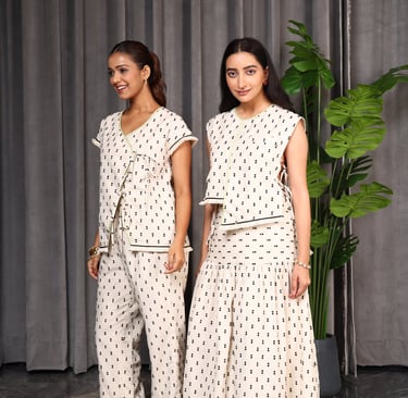 two women in matching polka dotty outfits
