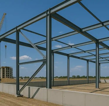 Structure de charpente métallique en cours de construction sur un chantier industriel au Maroc, avec