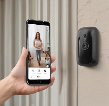 A hand holds a smartphone in a modern, well-lit room. The phone's screen displays a live camera view showing an interior hallway with a plant and bright lighting. In the background, a blurred view of a kitchen is visible with cabinets and appliances.