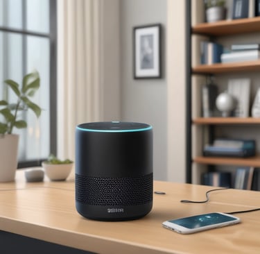 a woman sitting on the floor next to a smart speaker system