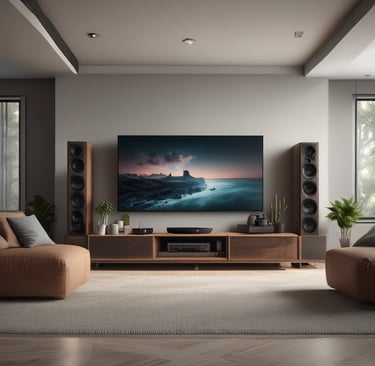 A close-up view of a smart speaker with a mute button, featuring a sleek design in white and gray. In the background, there is a blurry image of a camera and a laptop, creating a high-tech and minimalist workspace environment.