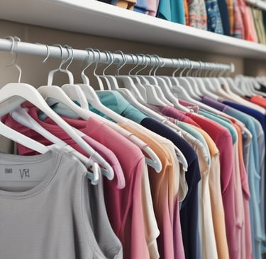 Close-up of a soft fabric shirt with integrated bra support on a hanger.