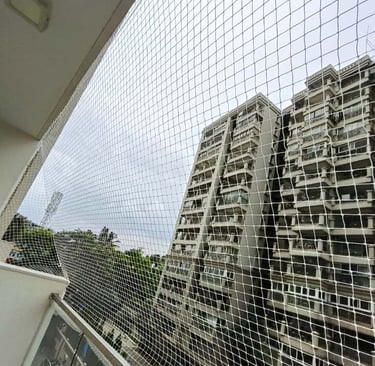 Wide shot showing the safety nets securing multiple balconies in a Basavanagudi residential building