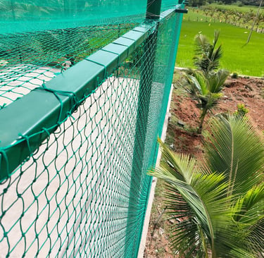 Detailed view of ball badminton nets neatly installed in an indoor sports facility.