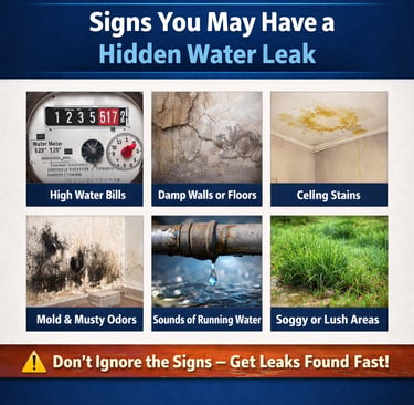 infographic with signs of a hidden water leak, water meter, wet wall and ceiling, mold water running
