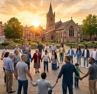 Personas de diferentes edades reunidas en oración frente a una iglesia en Leicester al atardecer”