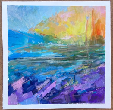 Abstract gouache pastel landscape painting featuring vibrant blue, purple, and yellow sunset hues.